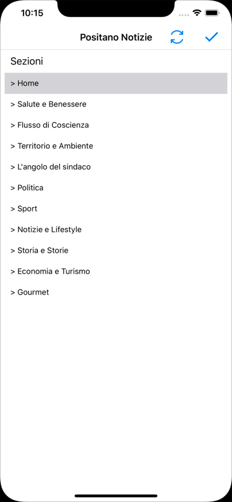 A list of news sections in the Positano Notizie app including Gourmet and Lifestyle