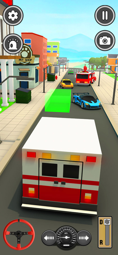 Dream Vehicle Car Driving Game - Jugabilidad de Dream Vehicle Car Driving Game mostrando una ambulancia en una calle de la ciudad con otros vehículos y controles del juego en pantalla
