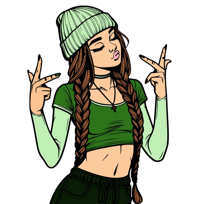 realistic teenage girl with braids and a beanie and crop top doing 🫶🏼