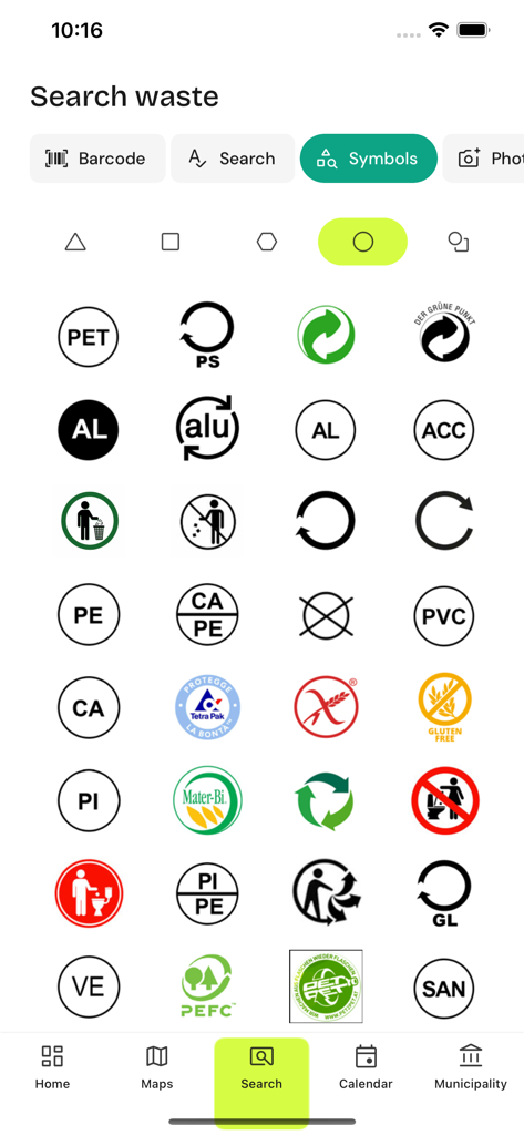 Junker raccolta differenziata - Screenshot of the Junker app showing a grid of common recycling and waste material symbols for easy identification.