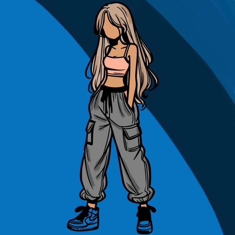 girl in baggy pants crop top and long hair