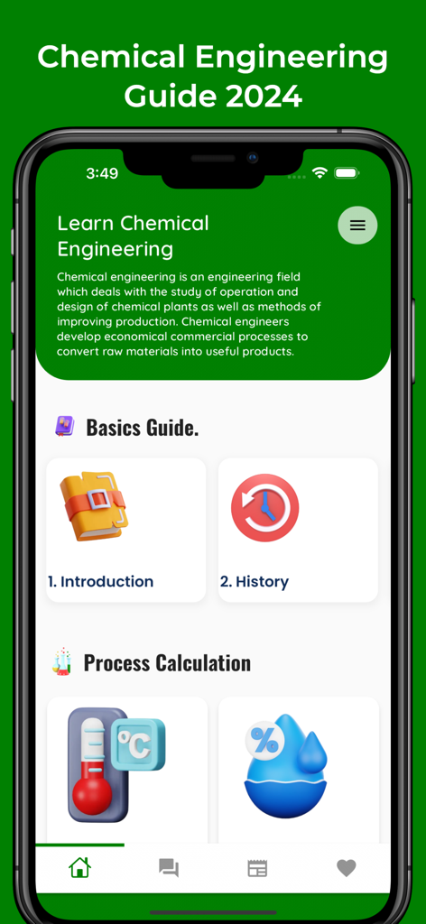 Der Startbildschirm der mobilen App Learn Chemical Engineering mit Lernkategorien wie Basics Guide und Process Calculation.