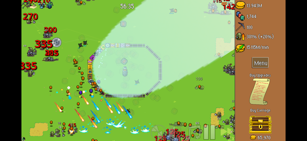 All Aboard! Defense Express - Top-down gameplay of All Aboard! Defense Express showing a weaponized train defending a generator against a horde of orcs with projectiles and special abilities.