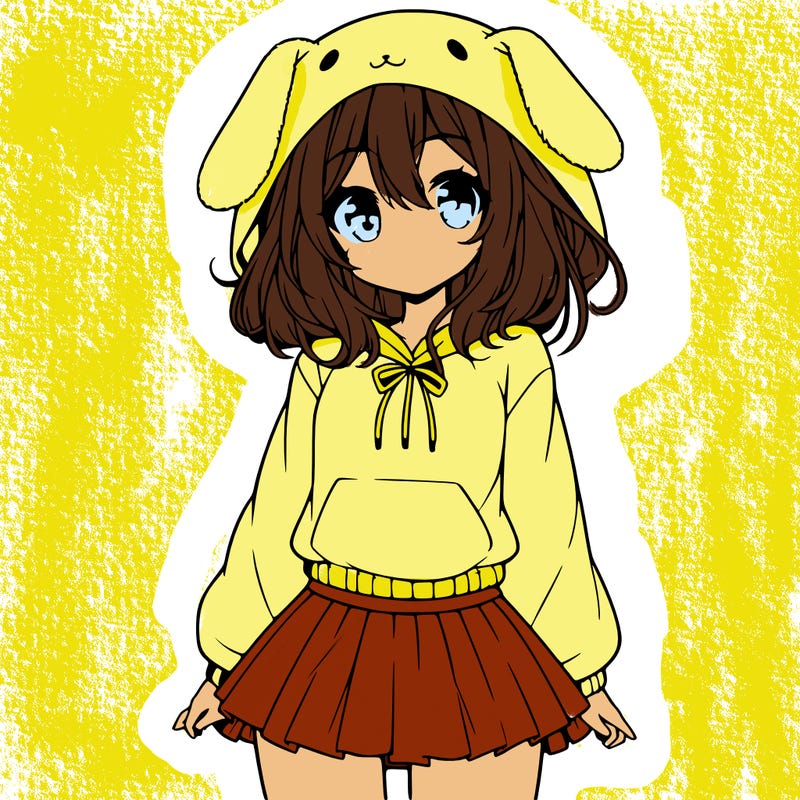pretty anime girl wearing a fluffy hoodie with bunny ears on the hood and a skirt