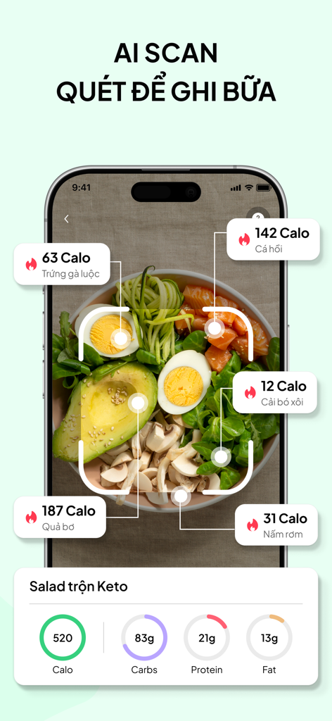 Schermata dello smartphone che mostra l'app Eatsy con scansione AI che identifica calorie e macro in una ciotola di insalata keto