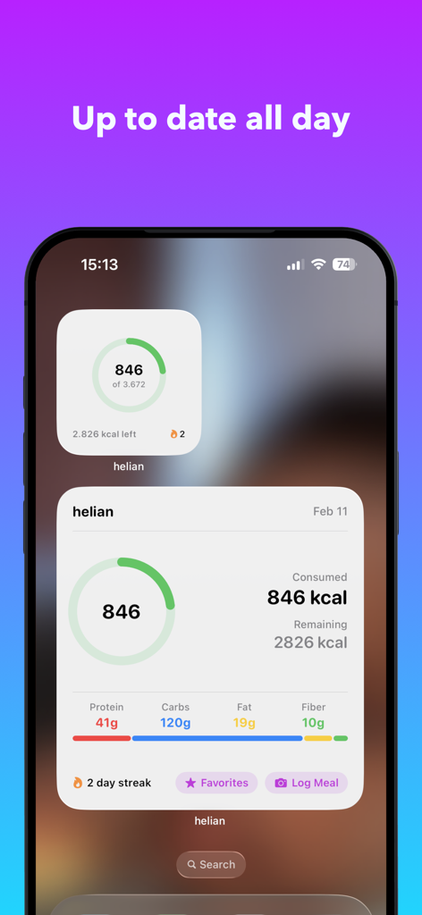 helian - AI Calorie Counter - Helian AI Calorie Counter iPhone widgets showing real-time calorie consumption and macro tracking