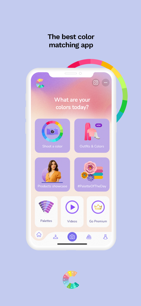 ColorApp mobile interface showing color matching tools for outfits and palettes
