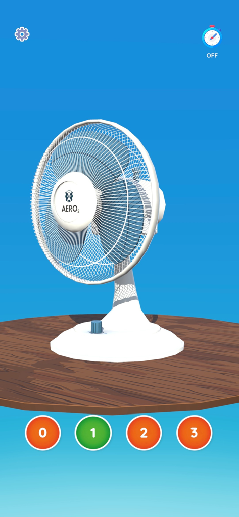 Fan Simulator - Interfaz de la aplicación Simulador de Ventilador que muestra un ventilador de escritorio blanco y configuraciones de velocidad