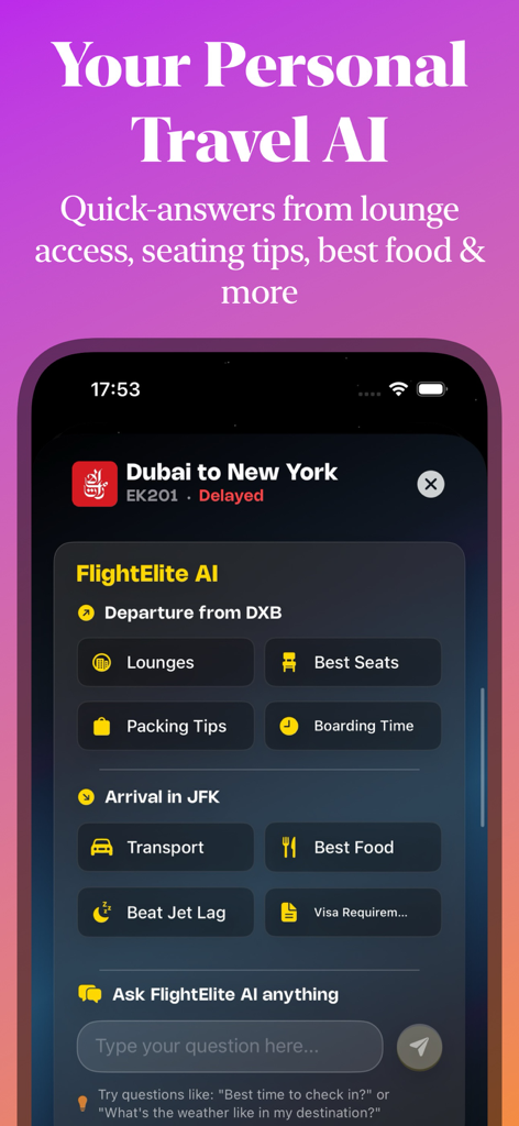 Flight Tracker: FlightElite AI - FlightElite AI travel concierge interface showing lounge access and seating recommendations