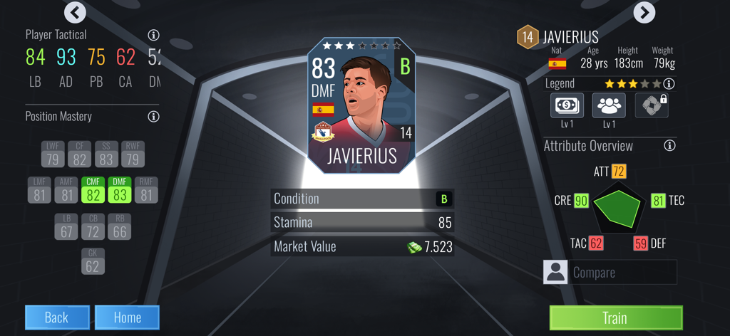 Pantalla detallada de atributos del jugador y maestría de posición en Soccer Dynasty Club Manager