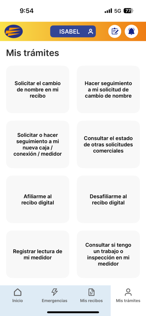 Luz del Sur - Pantalla de la aplicación Luz del Sur que muestra el menú Mis Trámites para gestionar servicios eléctricos en Perú