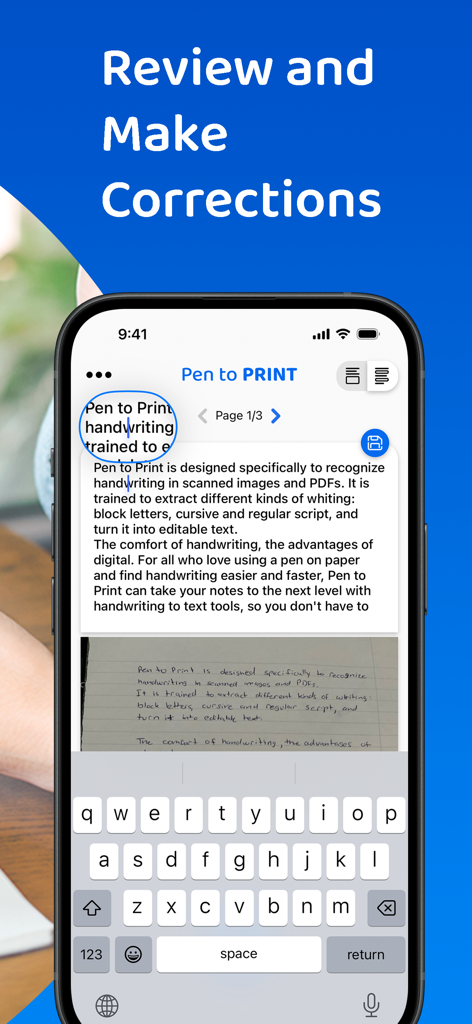 Oberfläche der PenToPRINT App, die die Funktion zur Überprüfung und Korrektur von umgewandelter Handschrift in digitalen Text zeigt.