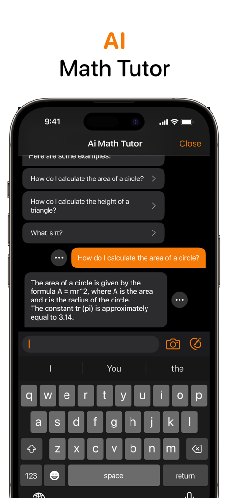 AI math tutor chat interface in the Calculator Air app explaining a geometry formula