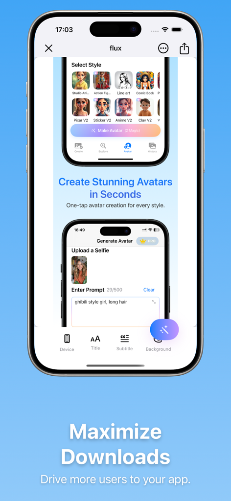 Store AI: App Screenshot Agent - Eine mobile Benutzeroberfläche von Store AI App Screenshot Agent, die ein Werkzeug zur Gestaltung professioneller App-Store-Screenshots für höhere Konversionsraten zeigt.