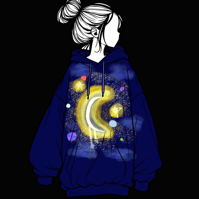 realistic girl with a oversized sweatshirt on and a bun