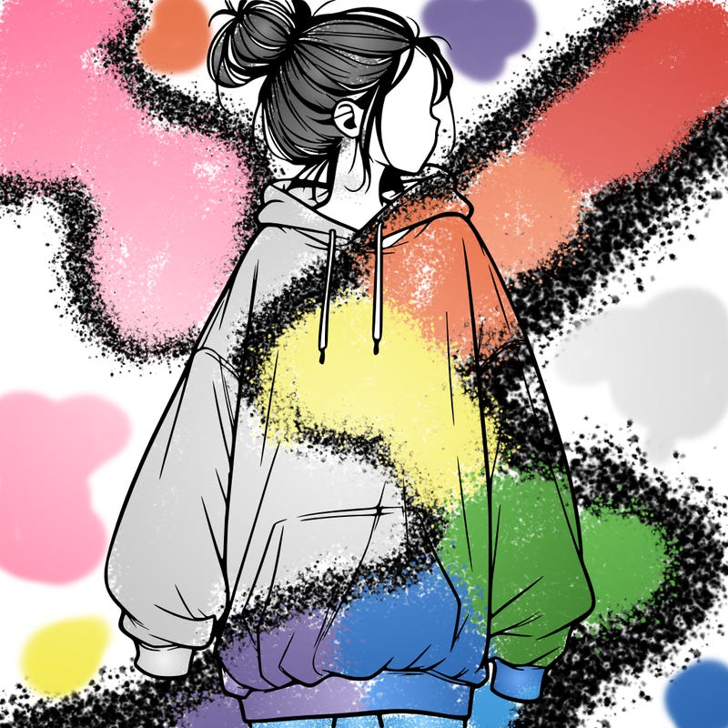 realistic girl with a oversized sweatshirt on and a bun