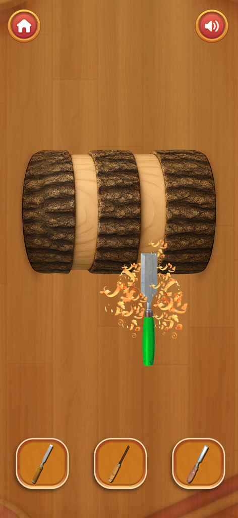 Mini Relaxing Game: Antistress - Relaxing wood carving mini game showing a chisel shaping a wooden log with satisfying wood shavings