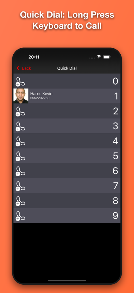 FastCaller - FastCaller app interface showing the Quick Dial setup with contacts assigned to number keys for fast calling.