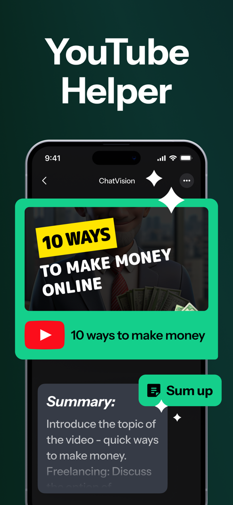 ChatVision - AI Chatbot Expert - A screenshot of ChatVision app's YouTube Helper feature showing a summary of a video about making money online.