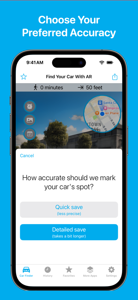 Find Your Car with ARアプリのiPhone画面。駐車場所のクイック保存または詳細保存を選択するオプションが表示されています。