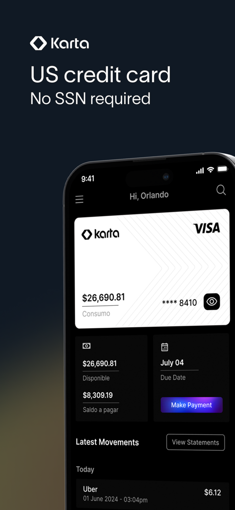 Karta App - Karta App mobile interface displaying credit card balance payment due date and recent transactions