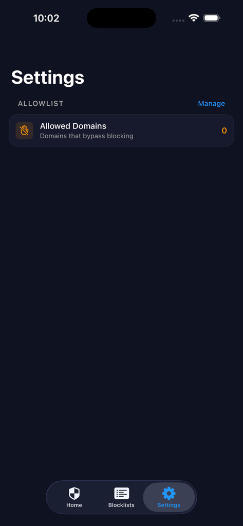 Project Ad Block - The settings screen of Project Ad Block showing the domain allowlist management feature.