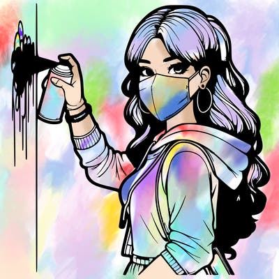 realistic girl with mask spray painting a wall