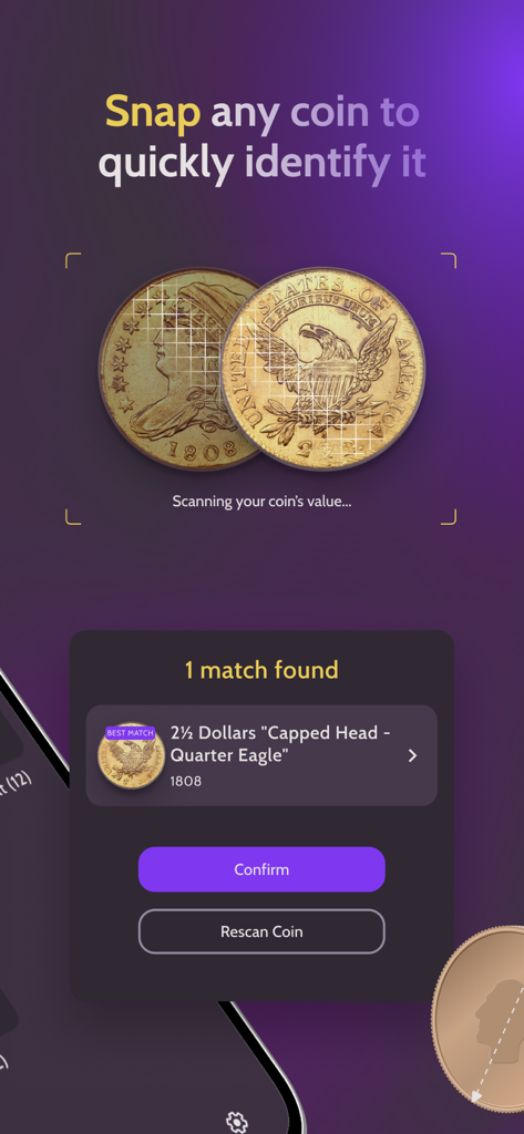 NumiSnap: Coin Value ID - Interface do aplicativo NumiSnap escaneando uma moeda de ouro para identificar seu valor e raridade
