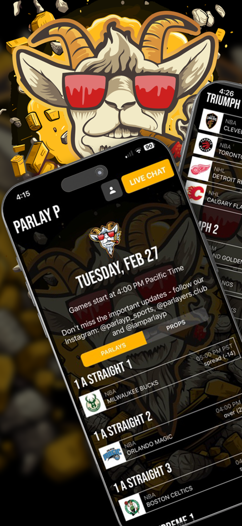 Iphone screen showing the parlay p sports newsletter app interface with daily nba betting picks and a goat mascot