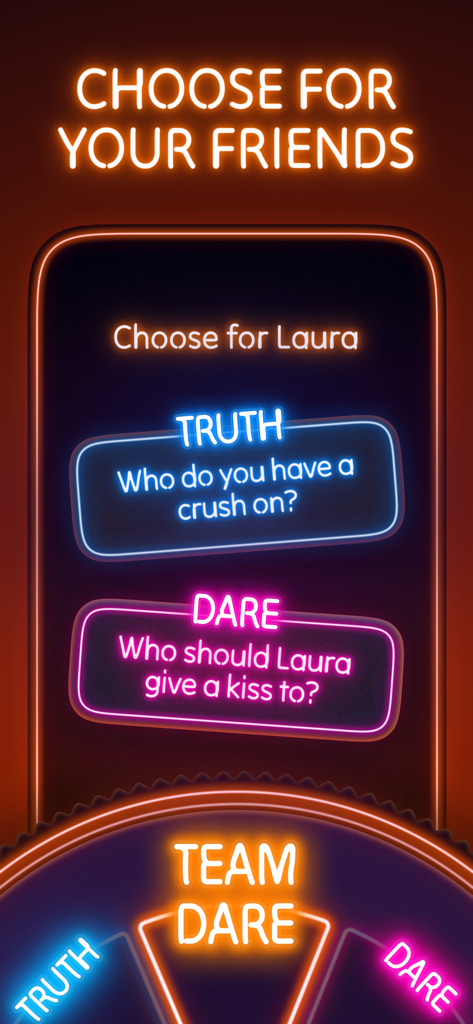 Una schermata di gioco Obbligo o Verità in stile neon dall'app Spinner Party che mostra sfide interattive e una ruota che gira.