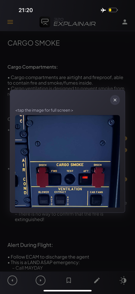 Airbus A320 cargo smoke and ventilation control panel with emergency training notes