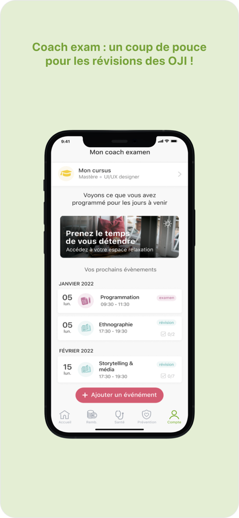 Mutuelle MGEN Espace personnel - Interface de la fonctionnalité 'coach d'examen' de l'application MGEN montrant le calendrier d'étude d'un étudiant et les rappels de révision.