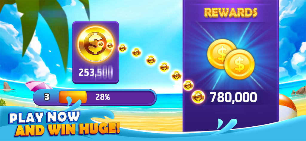 Bingo Mania™ Live Bingo Games - Bingo Mania rewards screen displaying gold coins and a beach background with the text Play Now and Win Huge