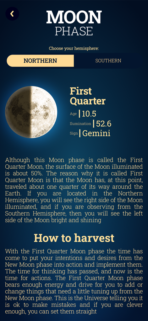 Interface de l'application Aura montrant les détails de la phase du premier quartier de Lune et des conseils spirituels.
