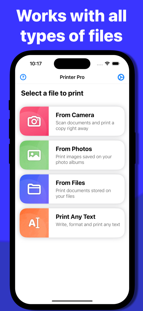 Printer Pro: Scan & Print - Interfaz de la aplicación móvil Printer Pro que muestra opciones para imprimir desde la cámara, fotos, archivos y texto personalizado.