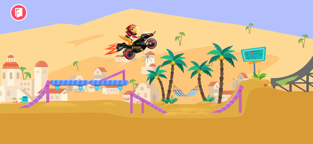 A dinosaur character on a motorcycle jumping over ramps in a desert setting