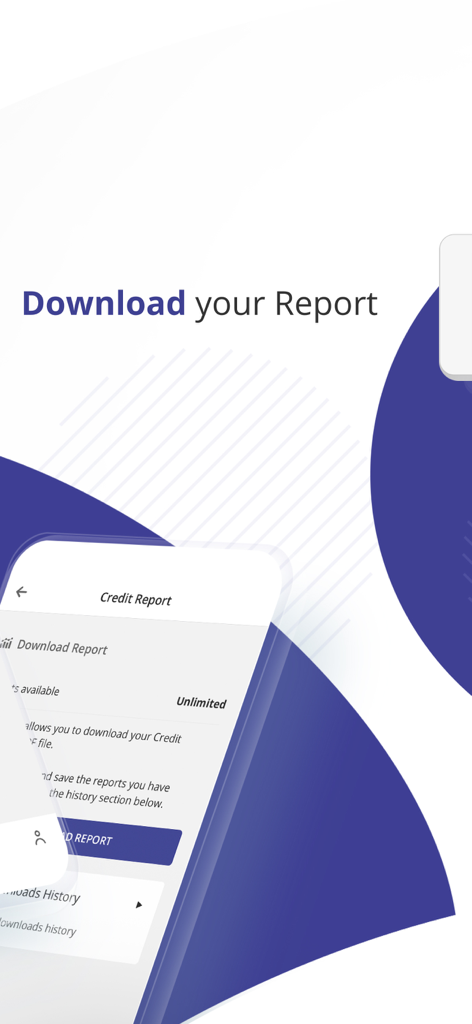 Interface of the Malaati app showing the credit report download screen on a smartphone