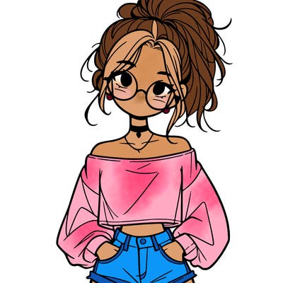 girl with a messy ponytail glasses a baggy crop top and jean shorts