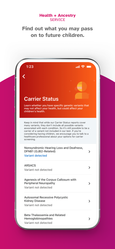 23andMe - DNA Testing - 23andMe app displaying carrier status reports for hereditary health conditions on an iPhone