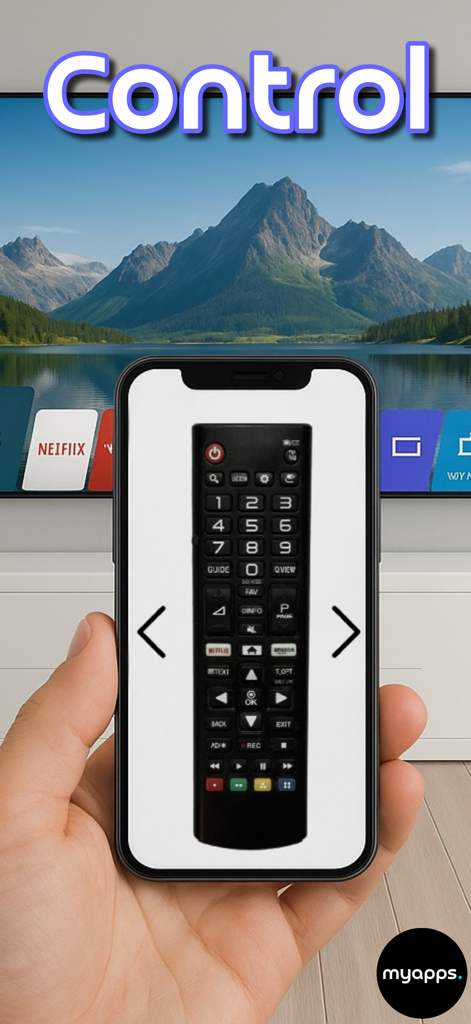 Remote For LG Smart TVs - Una persona sosteniendo un smartphone que muestra una interfaz de control remoto digital LG para gestionar un televisor inteligente