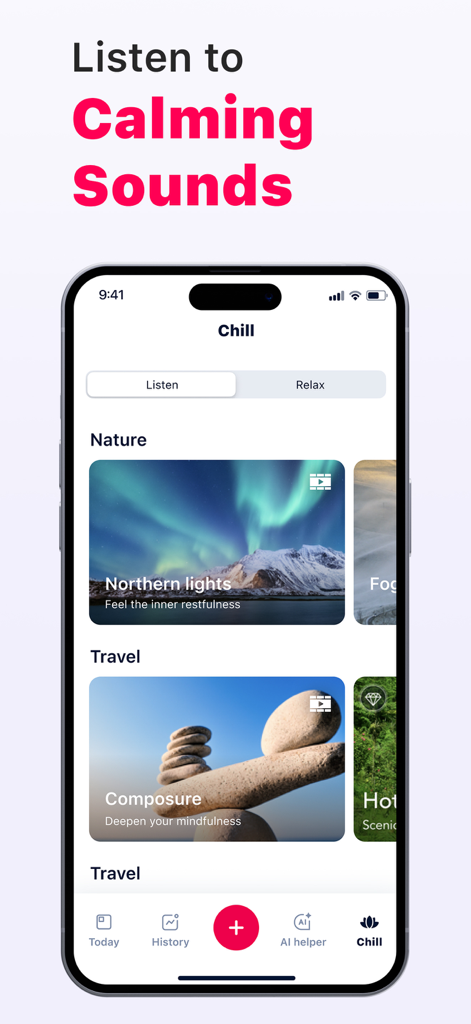 A screen from the Cardi Mate heart rate monitor app showing a library of calming nature and travel sounds for stress relief