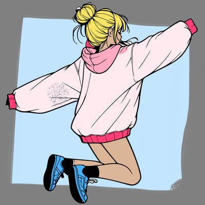 realistic girl jumping with a bun and oversized sweatshirt