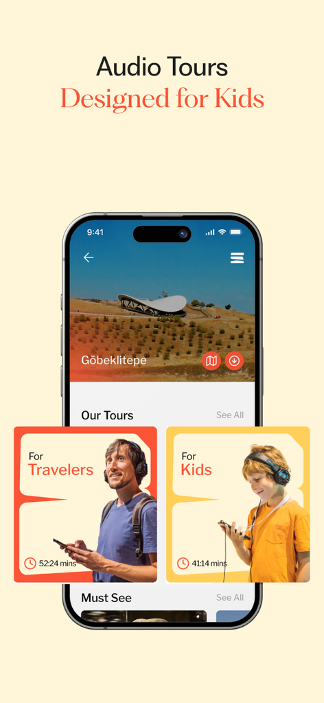 StoneMounds - Interface do aplicativo StoneMounds exibindo tours de áudio especializados tanto para viajantes quanto para crianças no sítio arqueológico de Göbeklitepe