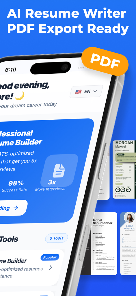 Intelligent CV: Resume - Intelligent CV mobile app showing AI resume builder and PDF export ready features