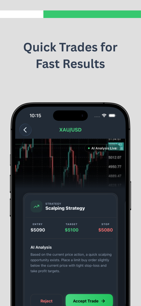 Snap Forex: AI Trade Analyst - Snap Forex mobile app interface showing AI analysis for a gold scalping strategy with entry and exit points