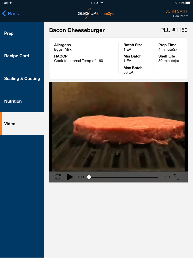 Digital recipe card and video tutorial for a bacon cheeseburger in the Crunchtime Kitchen Sync app