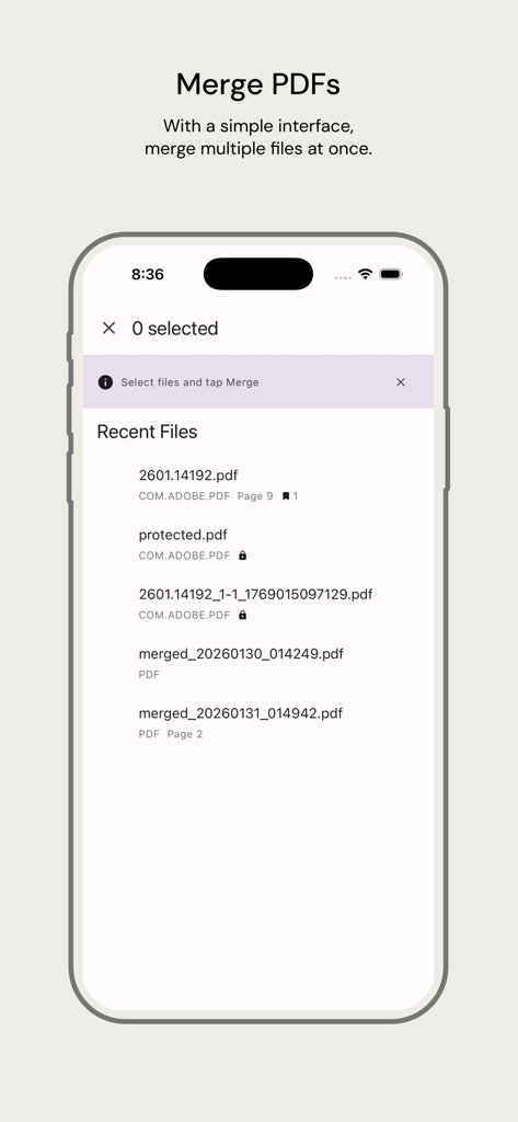 Simple PDF View - Fast Reader - 選択のために最近のファイルリストを表示するPDF結合機能を示すインターフェース