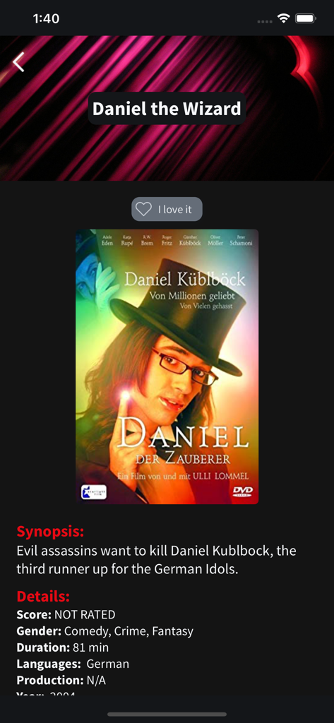 Captura de tela do aplicativo Mis Peliculas mostrando detalhes do filme Daniel the Wizard, incluindo sinopse e informações técnicas