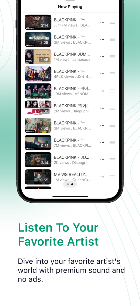 Tubidy - Offline Videos, Music - Tubidy app displaying a playlist of music videos for offline listening