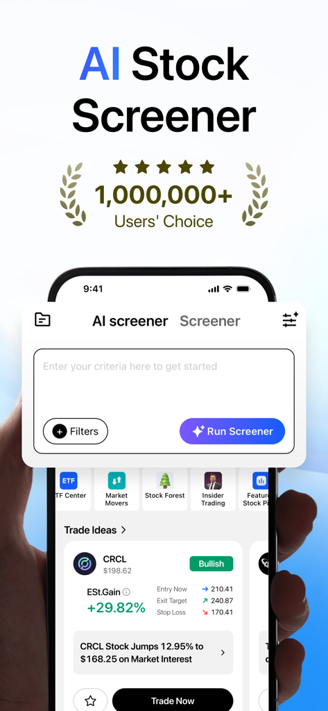 Stock Screener, AI Scanner - AI 株スクリーナーと強気シグナル付きリアルタイム取引アイデアを示す Ainvest モバイルアプリのインターフェース。